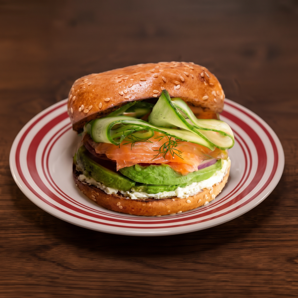 Sesame-seed bagel sandwich layered with smoked salmon, avocado, cucumber ribbons, cream cheese, and dill on a striped plate.