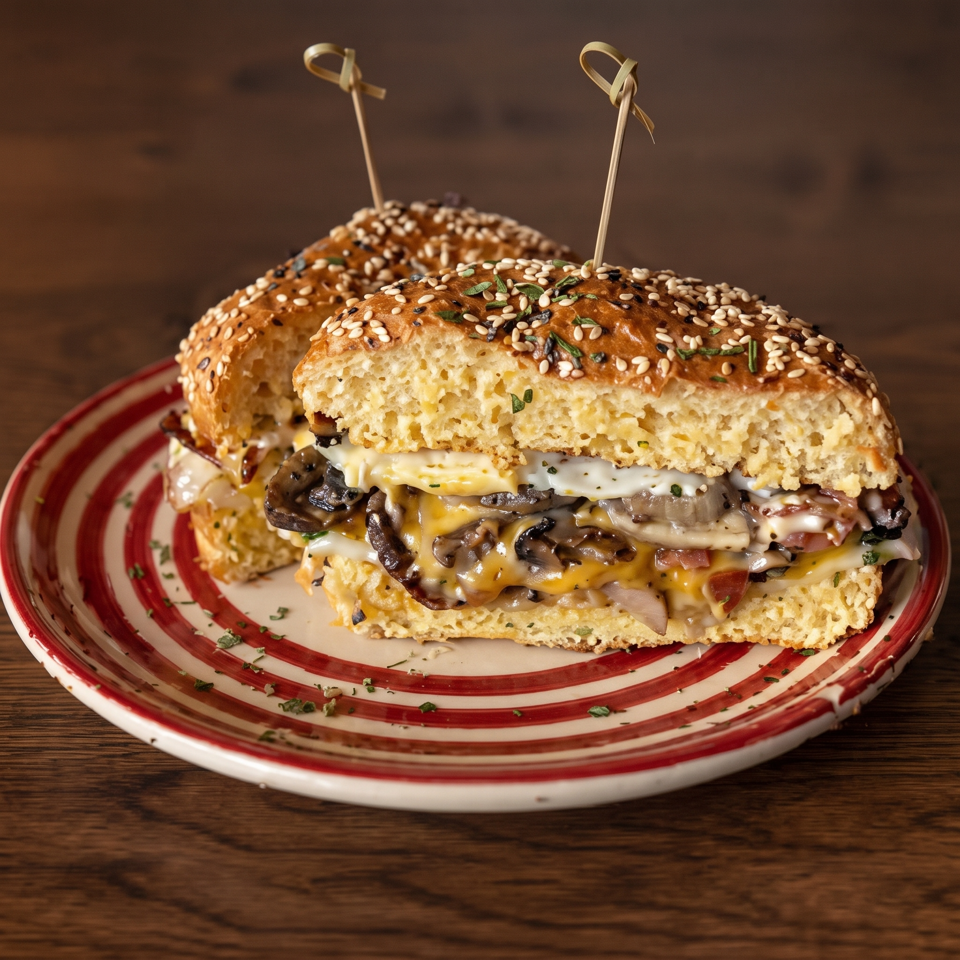 Double cheeseburger with sautéed mushrooms, onions, tomatoes, and sesame-herb buns on a red-striped plate.
