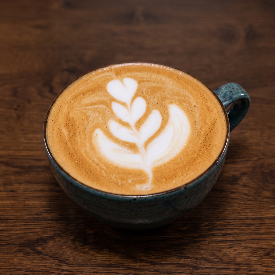 Foamy latte with leaf-shaped latte art in a rustic blue ceramic cup on a wooden table.