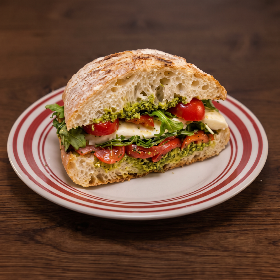 Rustic ciabatta sandwich layered with pesto, mozzarella, roasted tomatoes, and greens on a red-striped plate.