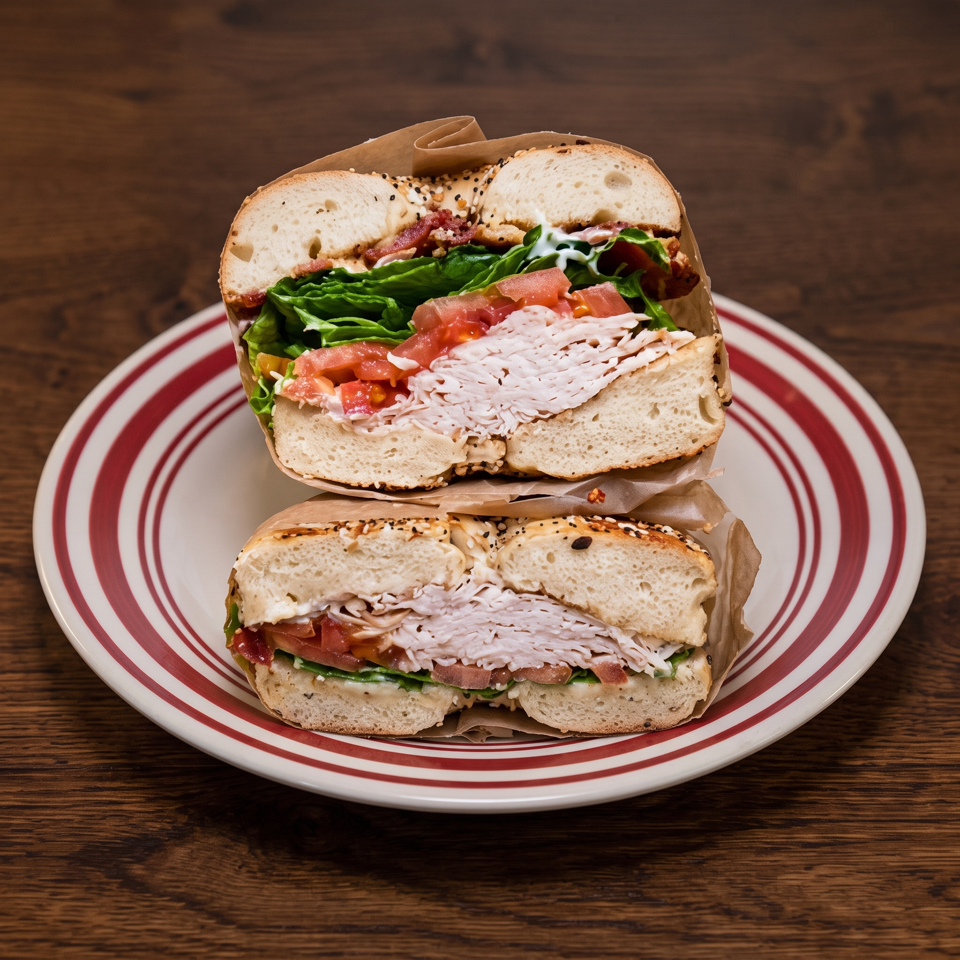 Two stacked deli sandwiches with turkey, lettuce, tomatoes, bacon, and mayonnaise on a red-striped plate.